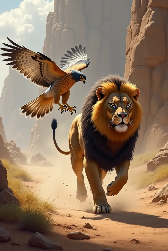 A falcon chasing a lion