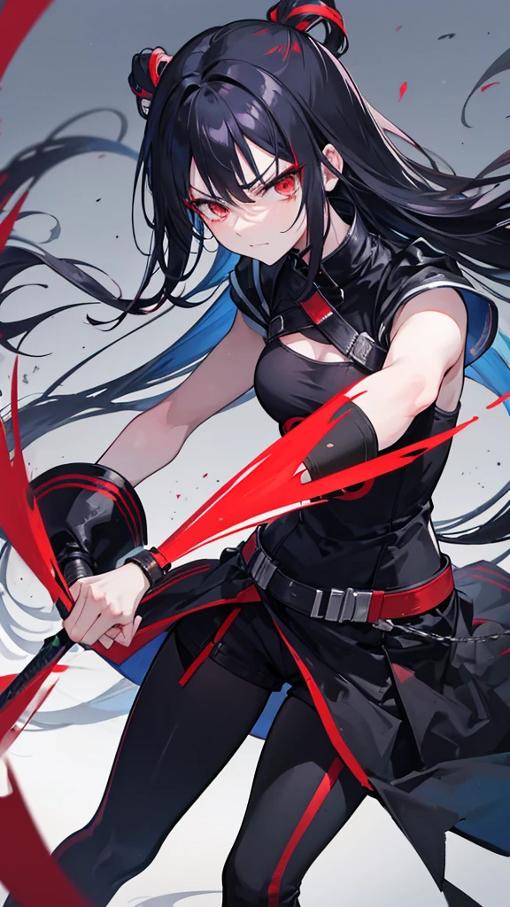 動漫女生fight.fight.Red Eye, Black Hair, Long hair, Anime style, angry, Gloomy face, Blue veins, Serious, Smirk,