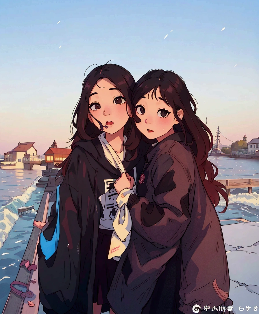 (best quality:0.8) perfect anime illustration, two women standing next to each other on a pier, profile pic, profile picture, with a twin, a picture, jinyoung shin, 😭 🤮 💕 🎀, ulzzang, photoshoot, profile image, with ivy, sisters, friendship, inspired by Wang Duo, jaeyeon nam, with black, album art, they are close to each other, zmonzheng