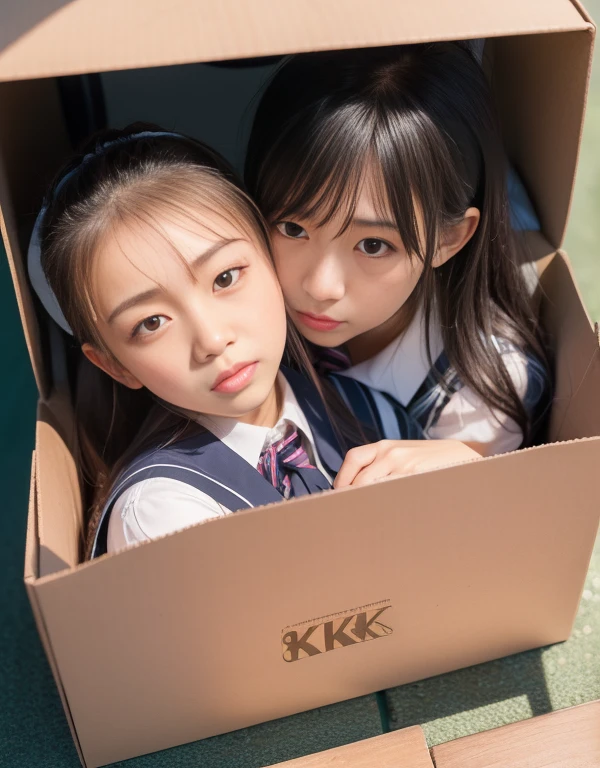 8k,masterpiece,Japanese,best quality, two (schoolgirls:1.4), kiss, (crowded box:1.3), (reluctantly:1,4), (blush:1.4), (breasts:1.1)