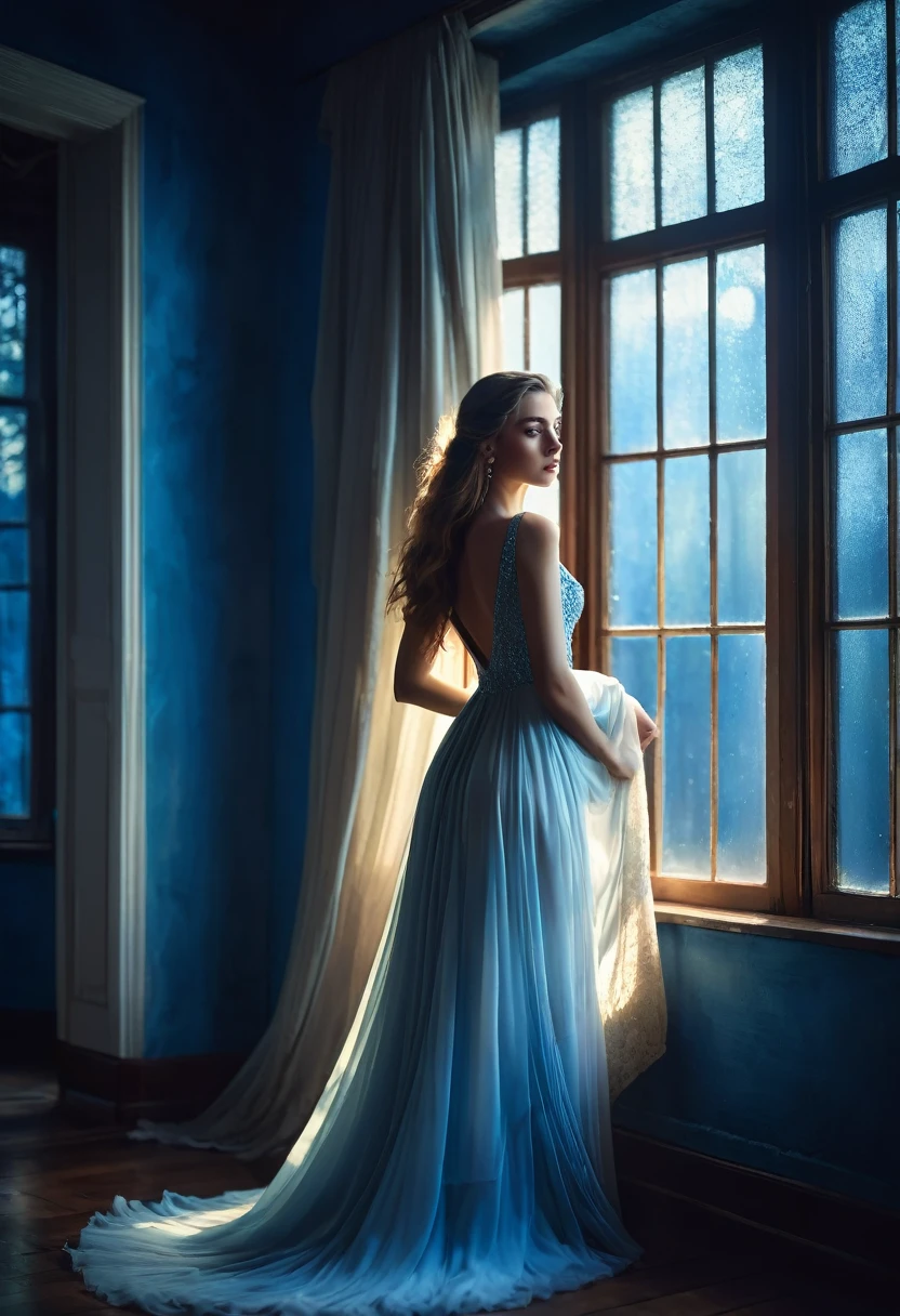 arafed woman in a dress standing in front of a window, a picture by Marie Bashkirtseff, shutterstock, romanticism, half-turned lady in evening gown, flowing gown, wearing a flowing dress, mysterious woman, haunting beautiful young woman, wearing a white flowing dress, flowing dress, woman in dress, extremely moody blue lighting, miss aniela
