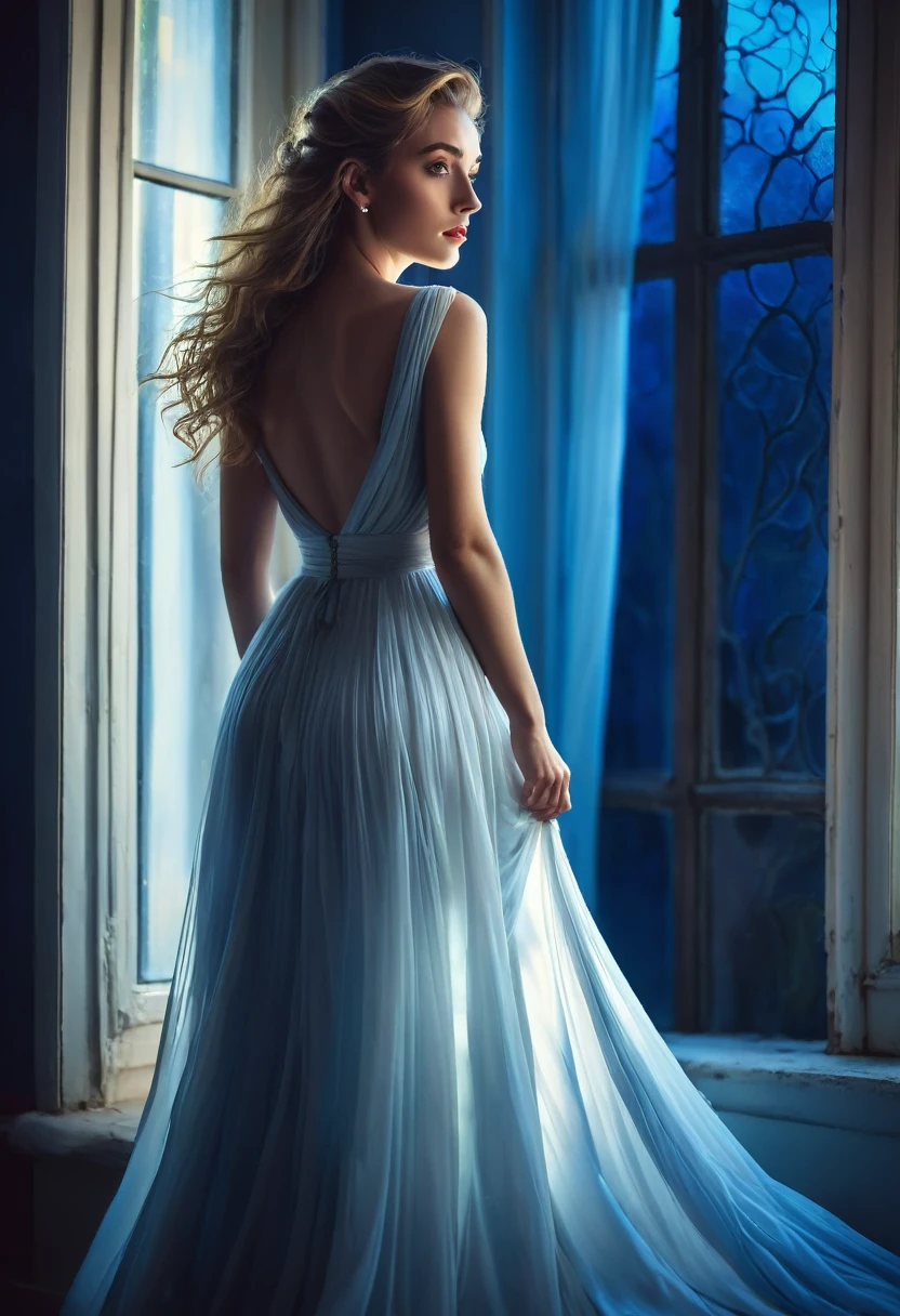 arafed woman in a dress standing in front of a window, a picture by Marie Bashkirtseff, shutterstock, romanticism, half-turned lady in evening gown, flowing gown, wearing a flowing dress, mysterious woman, haunting beautiful young woman, wearing a white flowing dress, flowing dress, woman in dress, extremely moody blue lighting, miss aniela