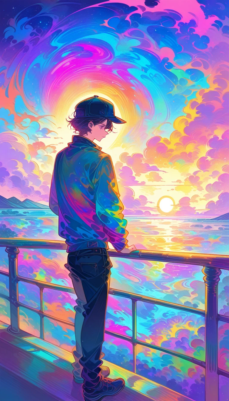 brightly colored photograph of a man standing on a railing with a hat on, low detailed. digital painting, dreamy psychedelic anime, sunset psychedelic, its a deep dream, kilian eng vibrant colors, digital art. colorful comic, lsd visuals, an expressive digital painting, psychedelic illustration, james jean soft light 4 k, kilian eng vibrant colours