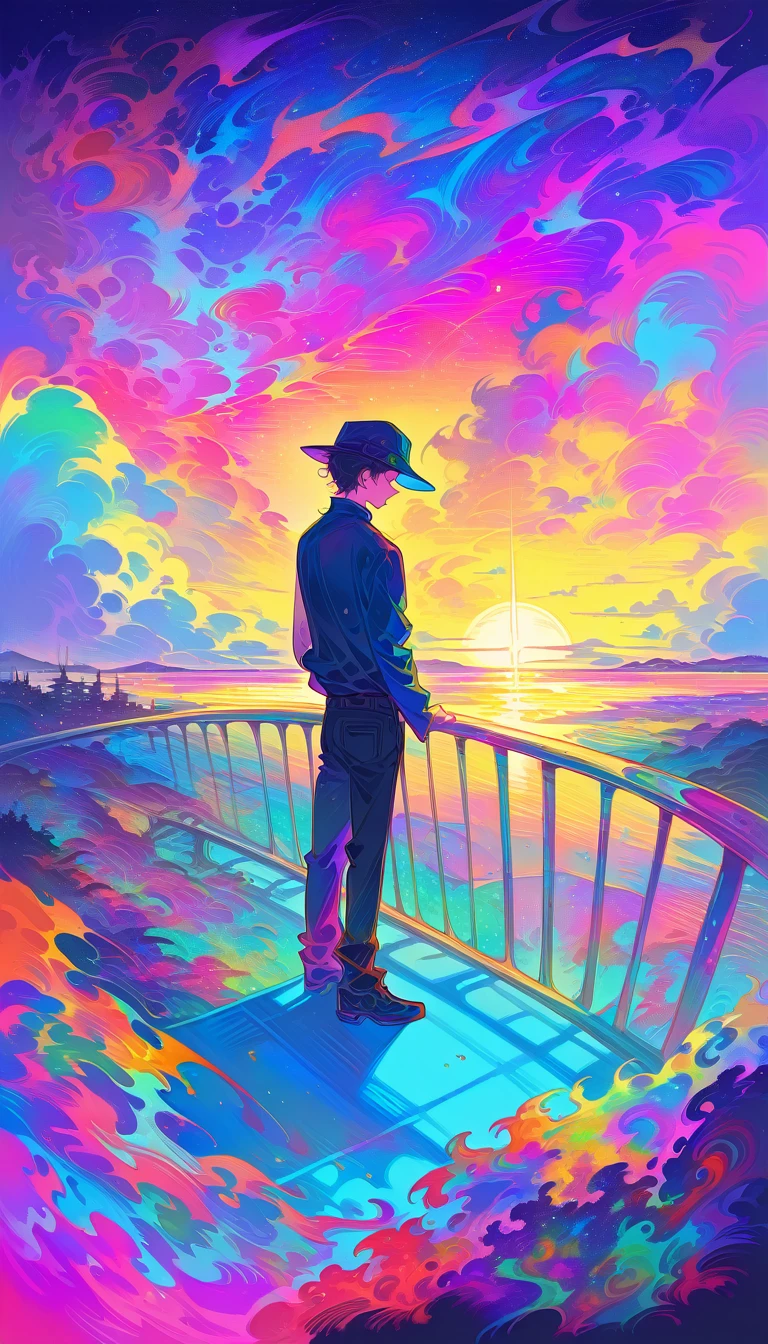 brightly colored photograph of a man standing on a railing with a hat on, low detailed. digital painting, dreamy psychedelic anime, sunset psychedelic, its a deep dream, kilian eng vibrant colors, digital art. colorful comic, lsd visuals, an expressive digital painting, psychedelic illustration, james jean soft light 4 k, kilian eng vibrant colours