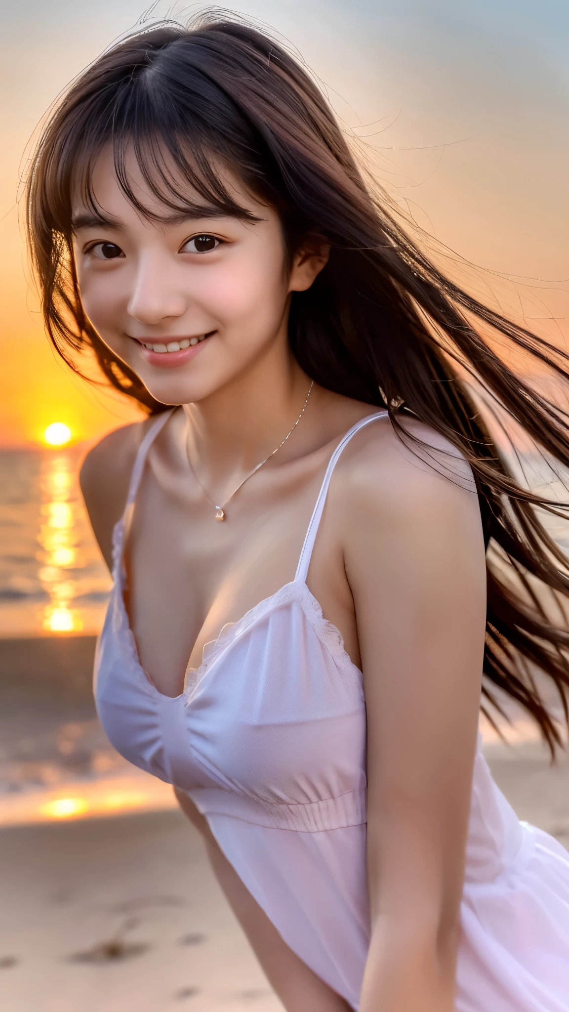 High resolution, masterpiece, 1girl, A very cute face like an idol, Looks like a young face, 18 year old, Gentle and cute, A kind smile, Cleavage, one piece, Beach with beautiful sunset, whole body, RAW Photos, Genuine, live-action, Artistic,