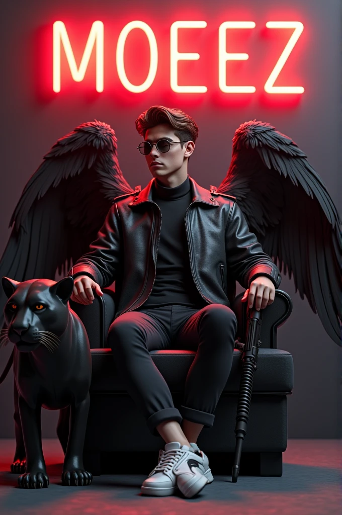 Create a 3D illustration for a profile picture where a 25 year old smart boy in a black jacket sitting casually on a King of Beasts Throne chair. With a rifle on hand. And a ferocious panther by my side. Wearing sneakersm He looks ahead. The Background features “MOEEZ
 ” in big and capital red neon light fonts on the dark grey wall. There should not be his shadow, and there are wings to make it appear as if he is an angel.