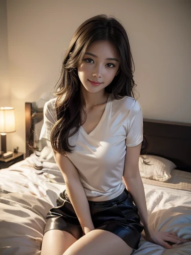 (1girl:1.3), Masterpiece, Best quality, amazing beauty, 4K, absurdres, finely detail, super detailed eye, perfect anatomy, official art, cinematic lighting, BREAK, bedroom, silky long hair, black hair, super shiny detailed brown eyes, Looking at Viewer(camera), closed-mouth smile, shy face, BREAK , big breasts, white skin, sitting bed in bedroom, BREAK , (Short-sleeved shirt:1.2), BREAK,()