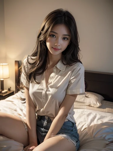 (1girl:1.3), Masterpiece, Best quality, amazing beauty, 4K, absurdres, finely detail, super detailed eye, perfect anatomy, official art, cinematic lighting, BREAK, bedroom, silky long hair, black hair, super shiny detailed brown eyes, Looking at Viewer(camera), closed-mouth smile, shy face, BREAK , big breasts, white skin, sitting bed in bedroom, BREAK , (Short-sleeved shirt:1.2), BREAK,()