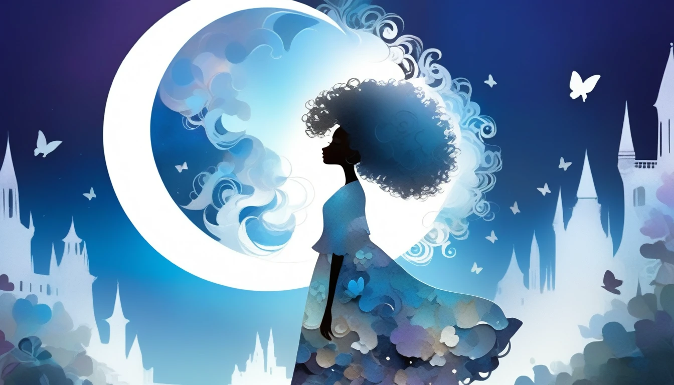 ( 2D Layered paper cutout art, Silhouette Art)silvery moon, 1 solo girl with curly Afro hair silhouette, full body, urban casual fashion clothing, backlighting, soft glowing highlight, intricate masterpiece, digital art, whimsical storybook character, soft blue twilight , beautiful detailed face, butterflies, 96k, hyper detailed, white silvery moon, Gradient rainbow textured glass background, by Loish and Yummei, negative space, mythical