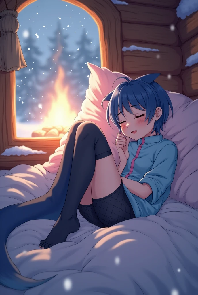 A 18 year old anime-style male dressed in a short shirt on with fishnets and thigh highs, garbed in soft shades of blue and pink, and he has a shark tail and ears . He is portrayed sleeping inside of a log cobin thats snowing and has a fire going in the backaround , he is sleeping in a cosy bed hugging a pillow