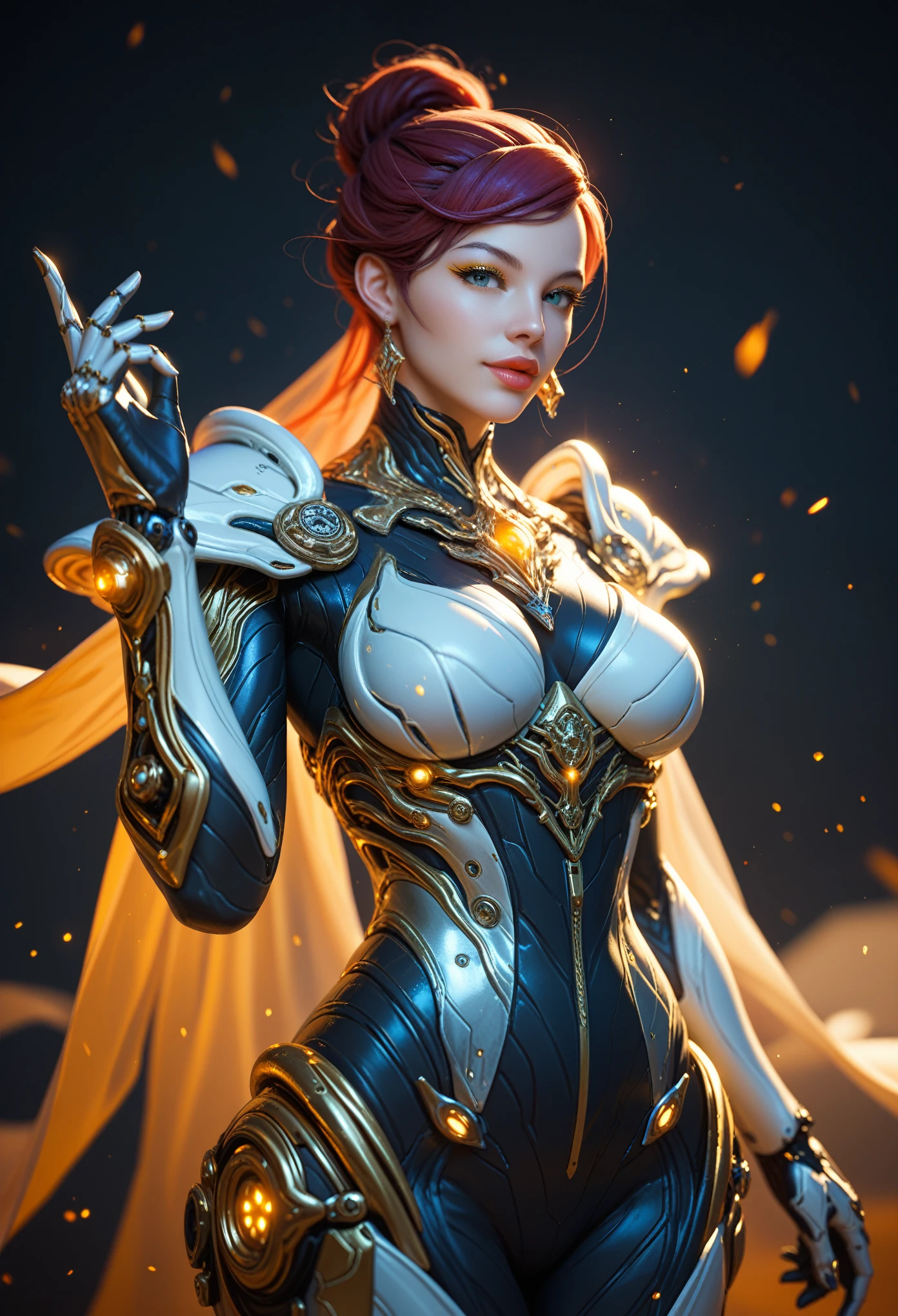 score_9, score_8_up, score_7_up, Wear mechanical clothing, Wonders of the machine, cyber, Cybernetic Guardian, Futuristic Armor, whole body, Front pose, Symmetric, Complex (Steel Metal [rust]), joint, Warframe style, cyborg, Female body and black and white armor, beautiful lips, 