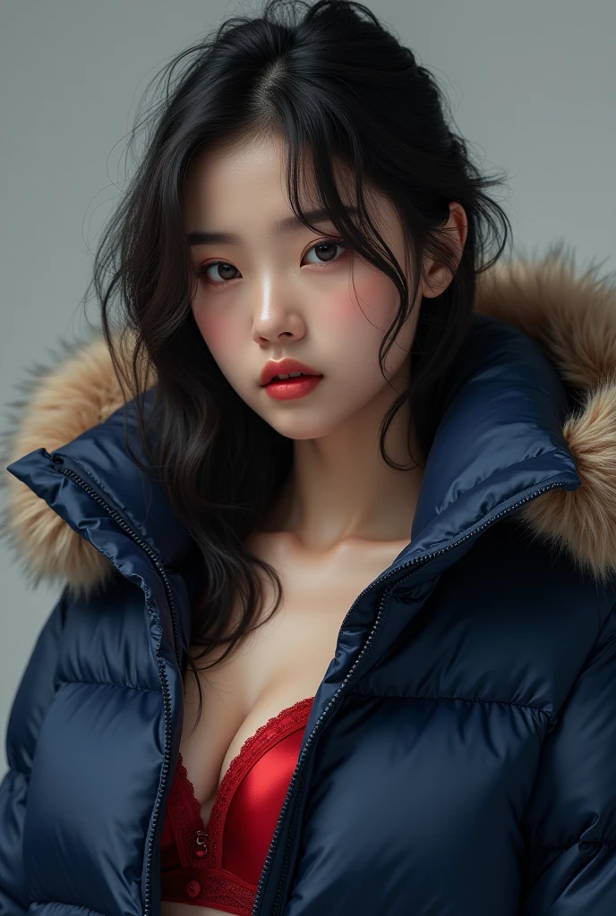 cute 16 year old Chinese woman,wearing a very large tight navy blue shiny moncler puffer coat, thick eyebrows, photorealistic, masterpiece, moncler, fluffy fur hood, , wavy hair, large breasts, red silk bra, open coat, extreme close up, face focus, exceptionally detailed face, coat off the shoulder, bare shoulder