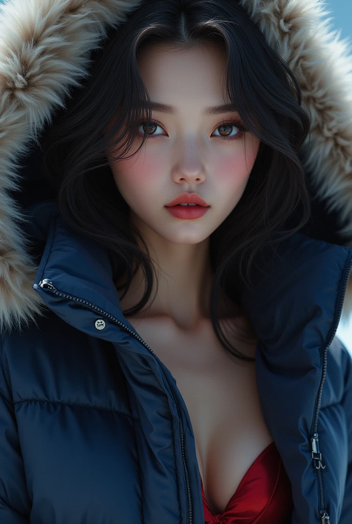 cute 16 year old Chinese woman,wearing a very large tight navy blue shiny moncler puffer coat, thick eyebrows, photorealistic, masterpiece, moncler, fluffy fur hood, , wavy hair, large breasts, red silk bra, open coat, extreme close up, face focus, exceptionally detailed face, coat off the shoulder, bare shoulder