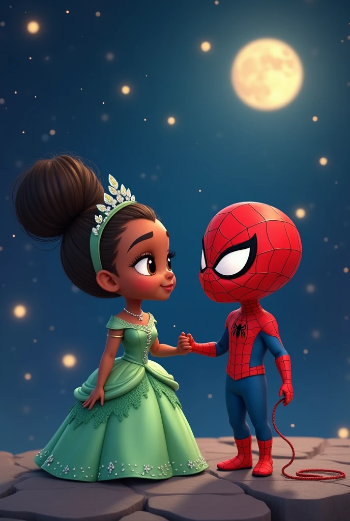 Tiana in a green princess dress with diamonds decorating her dress attached to Spiderman with the metaphor of the red thread that joins her fingers or that with the same red thread are joined to her fingers as if intertwined and they must be far from each other and with a surprised face but in love with the thread that unites them but the image must be chibi and tender and the background must be night with the moon and many stars