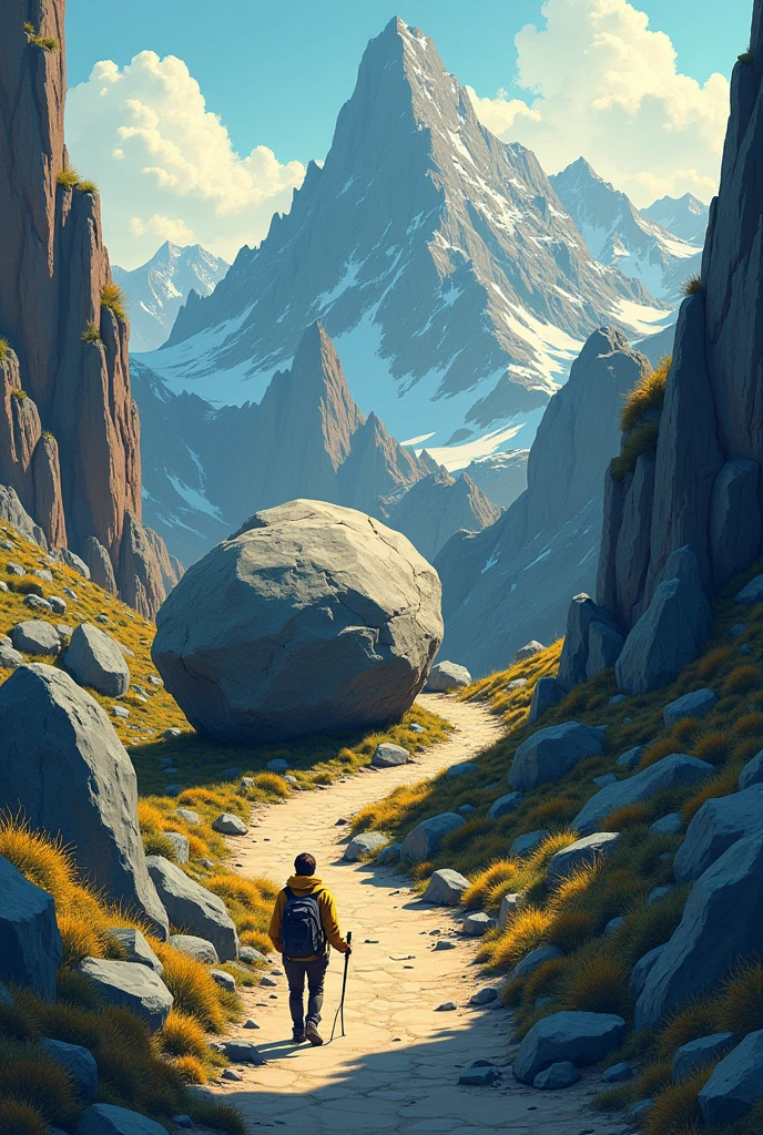 A photo of a person hiking, with a massive boulder in the path, but with a clear route around it, illustration drwing Stoicism