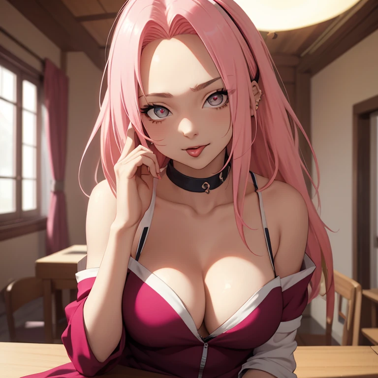 tmasterpiece, Best quality at best, 1girll,Solo, Sakura Haruno, Large breasts,Off-the-shoulder attire,(cleavage),(upperbody closeup),Raised sexy,is shy,with pink hair, long whitr hair, (greene eyes:1.3), Forehead protection, Lying on a white table,barechested, tongue out, piercing in tongue