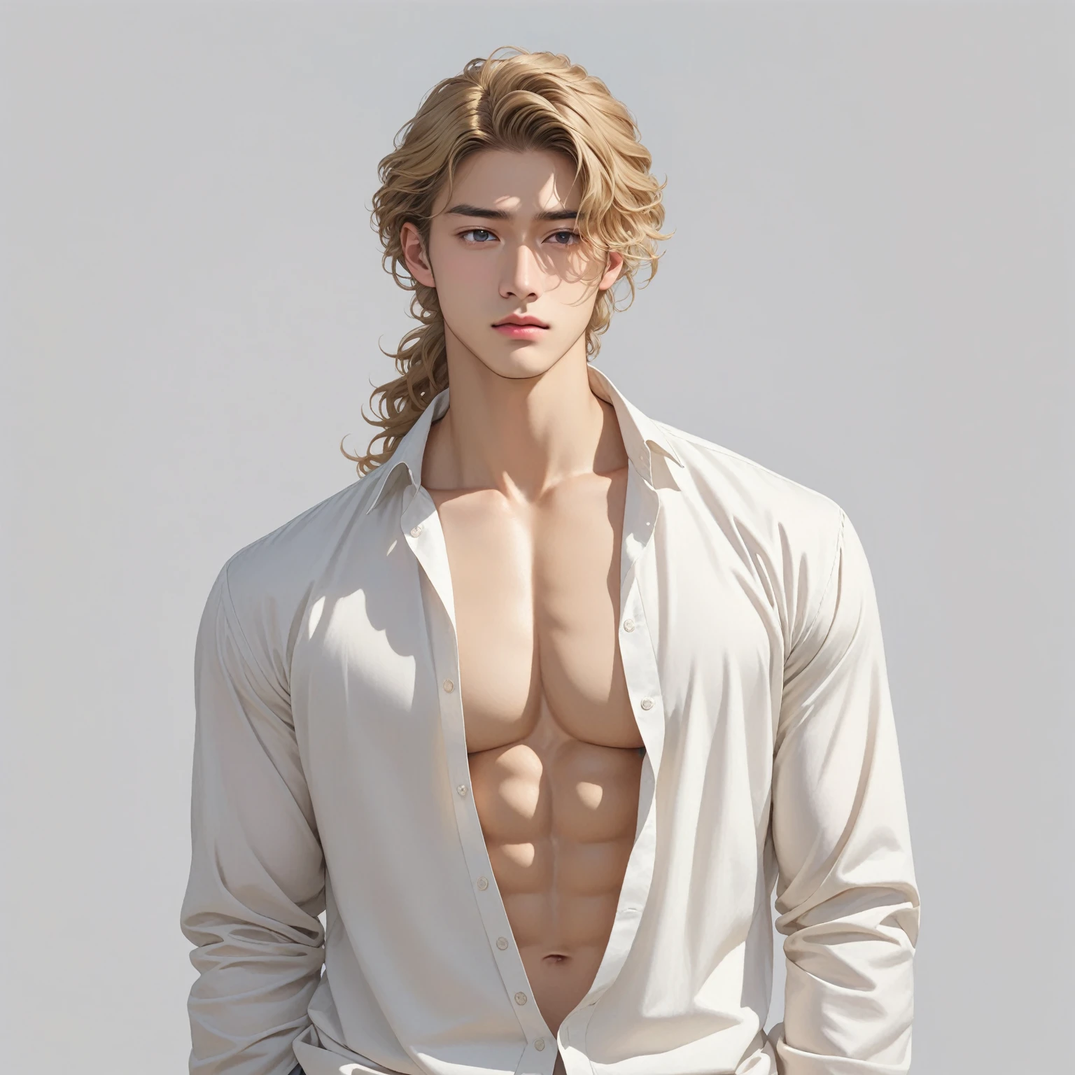 (No light and shadow environment:2),Soothing tones,Soft colors,A 23-year-old European and American model,(Shut up:1.5),(Hair sticking to scalp:1.5),Golden brown slightly curly shoulder-length hair,Ponytail hairstyle,Middle parting hairstyle,Edward Furlan,blond,With a melancholy expression,Blonde curly hair,male,White background,High Detail,male焦点,Abdominal muscles,Chest muscles,White shirt,Looking at the audience,