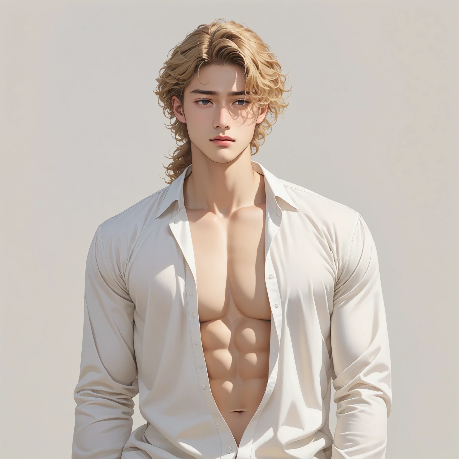 （No light and shadow environment：2），Soothing tones,Soft colors，A 23-year-old European and American model，（Shut up：1.5），（Hair sticking to scalp：1.5），Golden brown slightly curly shoulder-length hair，Ponytail hairstyle，Middle parting hairstyle，Edward Furlan，blond，With a melancholy expression，Blonde curly hair，male，White background，High Detail，male焦点，Abdominal muscles，Chest muscles，White shirt，Looking at the audience，