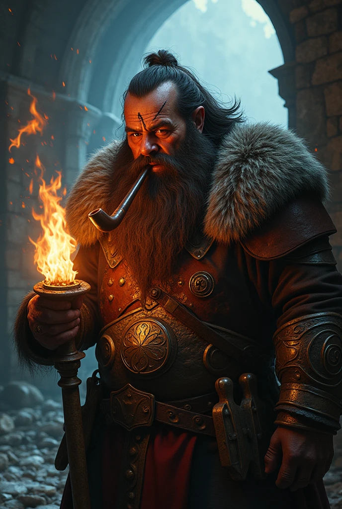 A handsome dwarf warrior from dungeons and dragons, has dark brown hair and a scar on his left eye, looks older, has a pipe. 