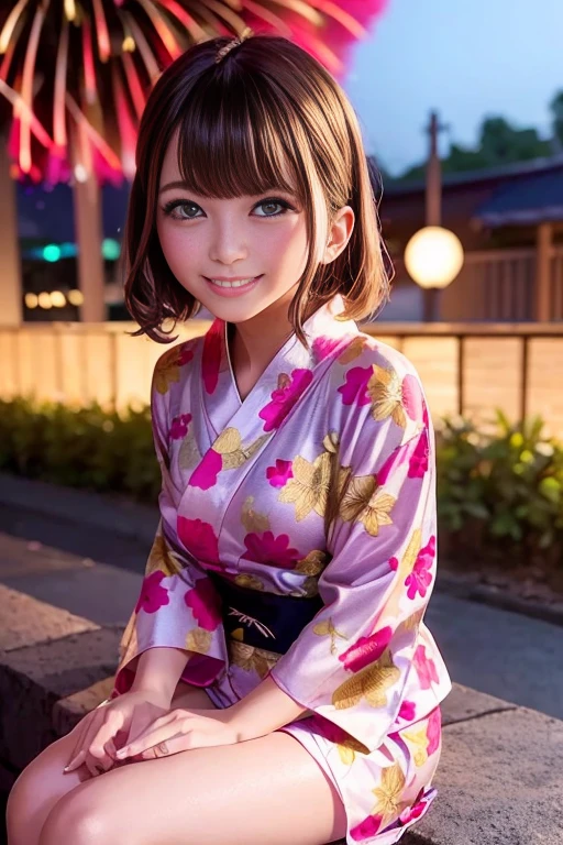 (Fireworks display)、(Cute yukata、Beautiful yukata、Sexy Yukata、Yukata Cosplay)、A girl sitting on stone steps、21 years old、smile、Long raw legs、Bust Emphasis、Short Bob Hair、Medium breast、masterpiece:1.3、Raw photo quality、Highest quality、Detailed Images、Detailed Background、