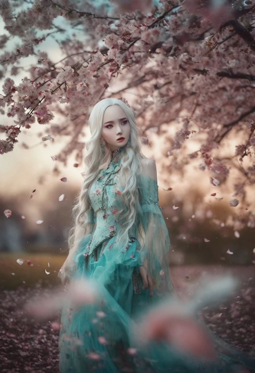 Full length view. ((little funny android girl, porcelain face and head. long flowing white hair, big turquoise eyes, perfect eyes, best quality)). visual kay fashion, gothic. yoshitaka amano, quentin mutch, multicolored fog. hannah yata, fantasy art, 64 megapixels, 8k hdr resolution; volumetric lighting", surreal hallucination, complex detail, sharp focus, wind, cherry petals, fujifilm, bokeh.