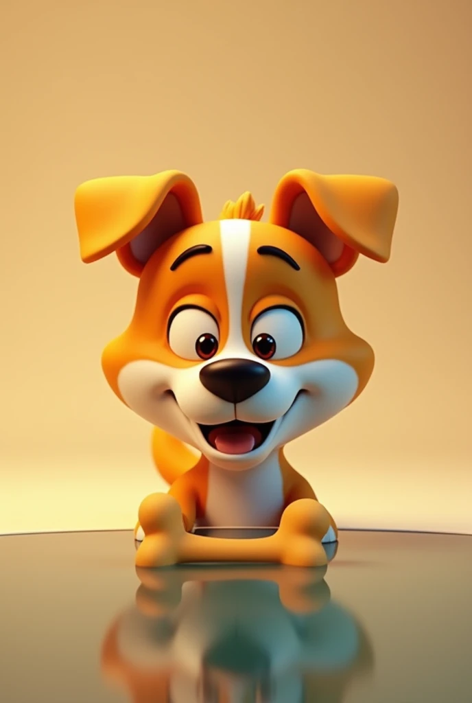 Show 3d animated yellow-orange and white dog face as he plots to take the 'other' bone from the reflection, with a look of greed and anticipation