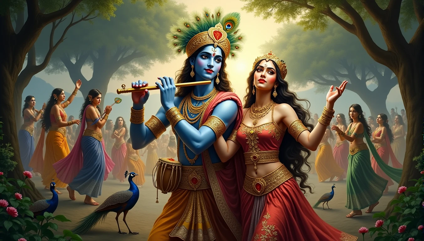 
"A hyper-realistic depiction of Lord Krishna performing Raas Leela with Radha and other Gopis in a lush, vibrant forest setting. Krishna is playing the flute with divine grace, wearing a golden crown adorned with peacock feathers, and dressed in traditional, intricately detailed royal attire. Radha, standing beside him, is dressed in a rich, flowing sari with intricate patterns, and her face radiates with divine beauty. The other Gopis, in colorful traditional dresses, are dancing gracefully around them, holding flowers and musical instruments like veenas and dhols. The scene is set under a large, ancient tree with its branches extending overhead, casting dappled light. Peacocks and other birds are perched nearby, adding to the divine ambiance. The background features a serene landscape with distant mountains and a golden-hued sky during twilight. The overall image should convey a sense of divine joy, spiritual connection, and the eternal love between Krishna and Radha."