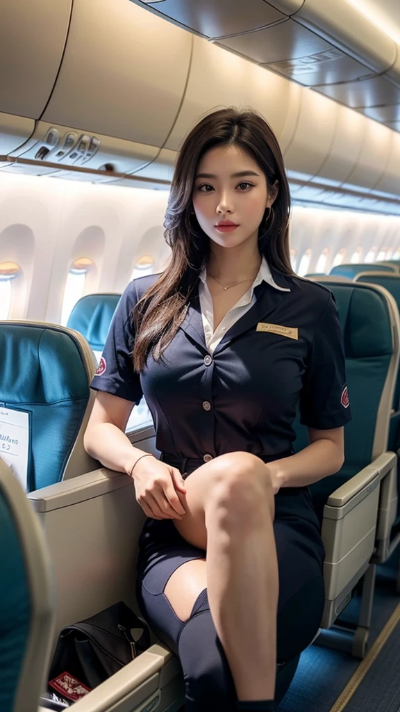 1woman, 20yr old、hyperdetailed face、Detailed lips、A detailed eye、double eyelid、(black long hair、Like an airplane stewardess々Do a good job)、(Stewardess uniform:1.2)、(Glamorous body),smil、thighs thighs thighs thighs, Perfect fit, Perfect image realism, Background with: (Business Class aisle on airplanes:1.2), Cowboy Shot, Meticulous background with, detailed costume, Perfect litthing、Hyper-Realism、(Photorealistic:1.4)、8K maximum resolution, (​masterpiece), highly detailed, Professional