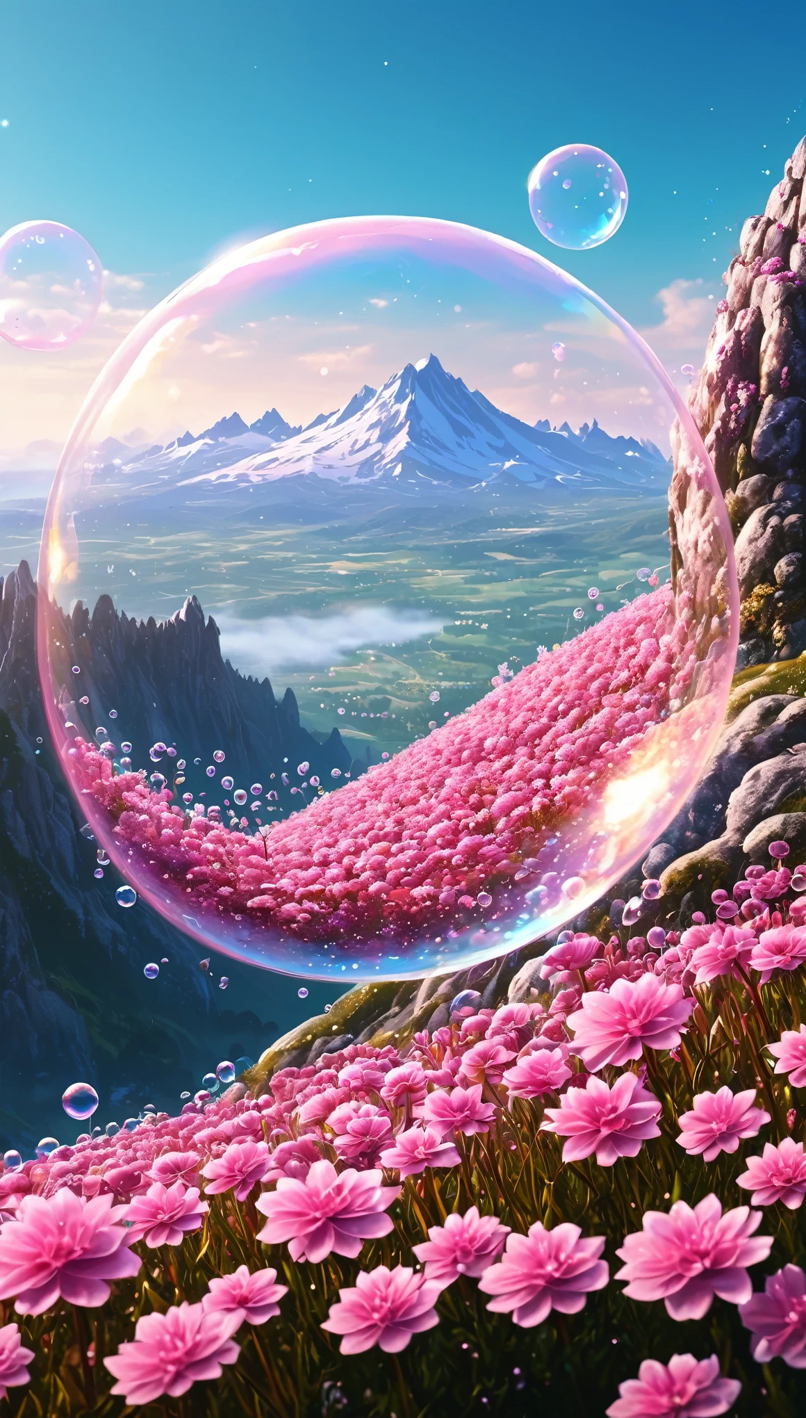 There is a beautiful pink flower and bubble painting, Beautiful Art UHD 4K, Highly Detailed 4K HD Wallpapers, Mythical Flower Hill, Highly detailed digital art in 4K, Beautiful background, Great background, Beautifully detailed fantasy, Beautiful composition 3-d 4k, Very beautiful digital art, Magic Background, Background artwork, Beautiful flowers and crystals, Awesome Wallpapers
