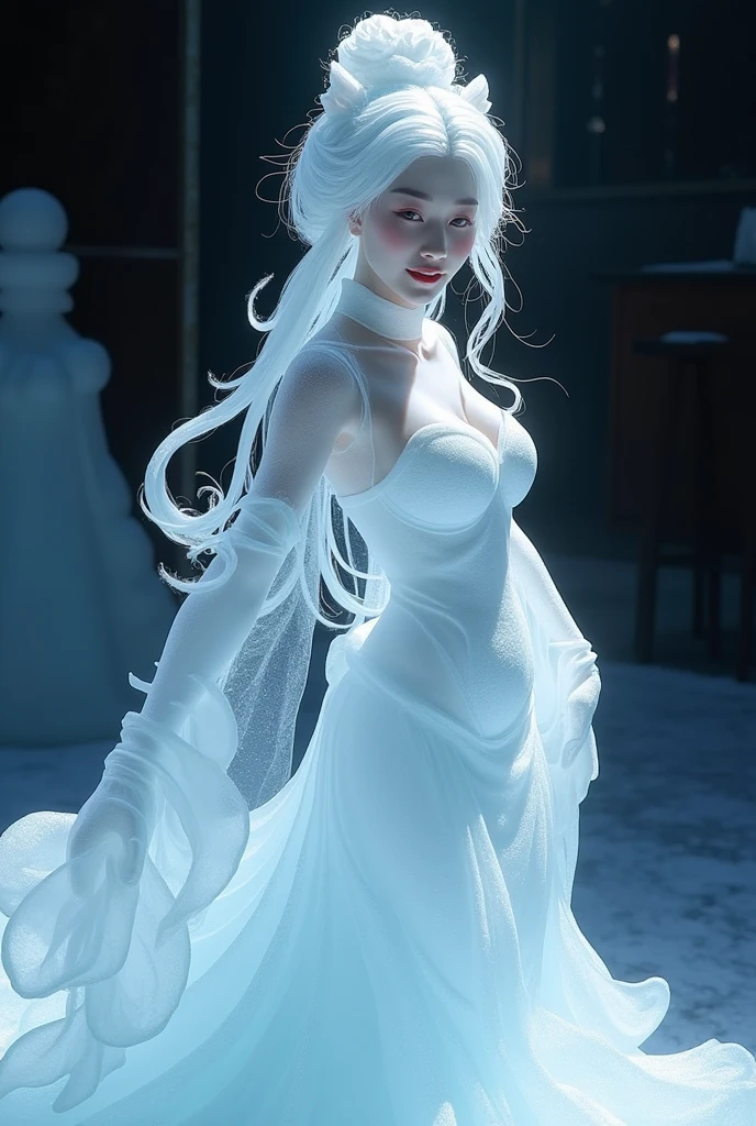 (ice - carving:1.4),Movie Angle,(Fan Bingbing, ice sculpture girl,Anatomically correct,full bodyesbian,Masterpiece ice sculpture camellia,Representative work Hanfu,Smile,sexy,full body arts,traditional arts)