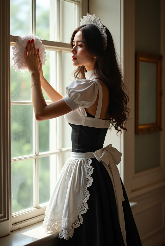 Young woman,Twenty-five years old, Beautiful face, long brown hair, Wearing a maid's outfit, Big chest, Thin waist, Big butt, Wipe the windows, Victorian style