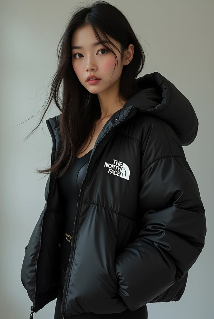 Beautiful asian girl, black shiny north face puffer jacket, satin adidas tracksuit pants, sexy pose