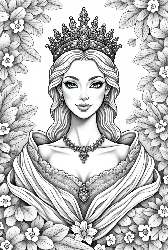Lady queen flowers background coloring book pages black and white high details