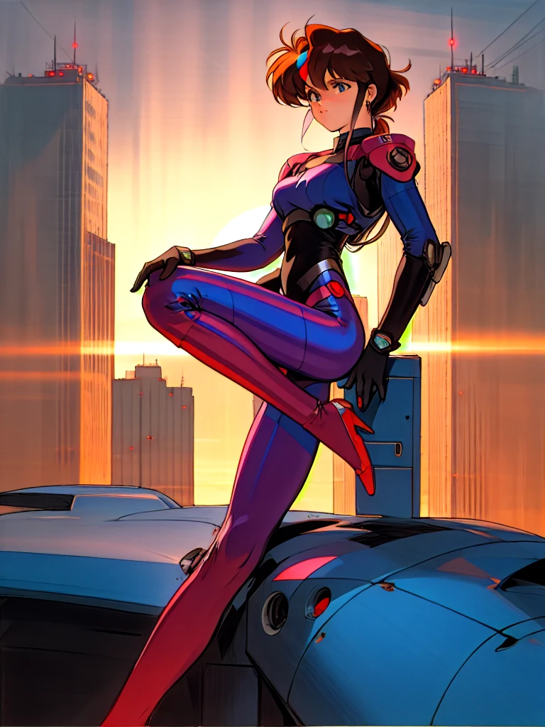 Kenichi Sonoda, retro art-style, bubblegum crisis, Sci-fi, Cyberpunk, Neon, Dystopia, On a full moon night, on the rooftop of a high-rise building, a figure is seen wearing a metal hard suit that covers the whole body from head to toe. It is made up of curved surfaces that give it a feminine bodyline., 1girl, solo, 18yo, Cool beauty, fearless look, masterpiece, very aesthetic, incredibly absurd resolution, absolutely resolution, ultra high resolution, professional, vivid colors, perfect anatomy, ideal facial features, ideally proportioned figure, perfectly beautiful body, super detailed, anime key-visual, all intricate, overall detail,