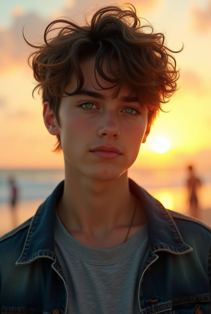 A hyperrealistic portrait of a captivating teenage boy, his sharp features and athletic build making him irresistibly attractive. His emerald green eyes are bright and full of life, framed by thick, dark lashes that enhance his gaze. His tousled, sun-kissed brown hair falls effortlessly around his face, the individual strands rendered with exquisite detail. He wears a snug-fitting, dark denim jacket over a plain gray shirt, the textures of the fabric vividly detailed to showcase his muscular frame. His skin is flawless, with a subtle sheen that adds to his youthful vigor. The background is a softly blurred sunset beach scene, where the warm, golden light enhances every contour of his face and body, creating a stunning contrast between the serene setting and his intense, magnetic presence."