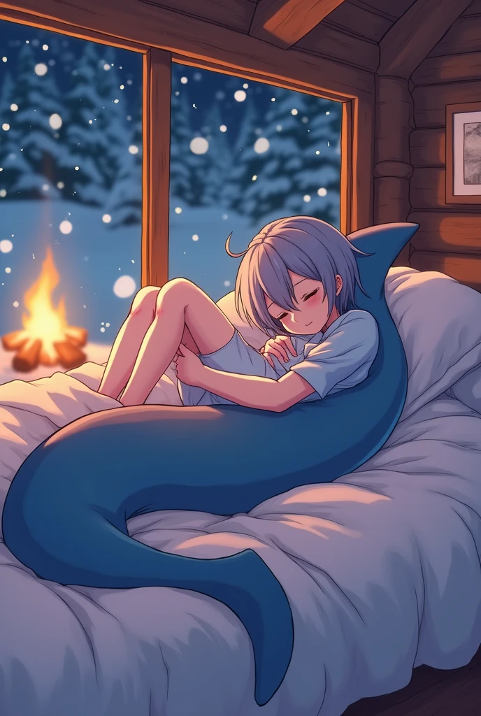 A 24 year old anime-style male dressed in a short shirt on with fishnets and thigh highs, garbed in soft shades of blue and pink, and he has a shark tail and ears . He is portrayed sleeping inside of a log cobin thats snowing and has a fire going in the backaround , he is sleeping in a cosy bed hugging a pillow