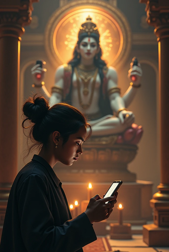 Make an image of a person who is busy with his mobile phone and not worshiping god who is in front of him.His face is towards god but looking and busy with his mobile phone 