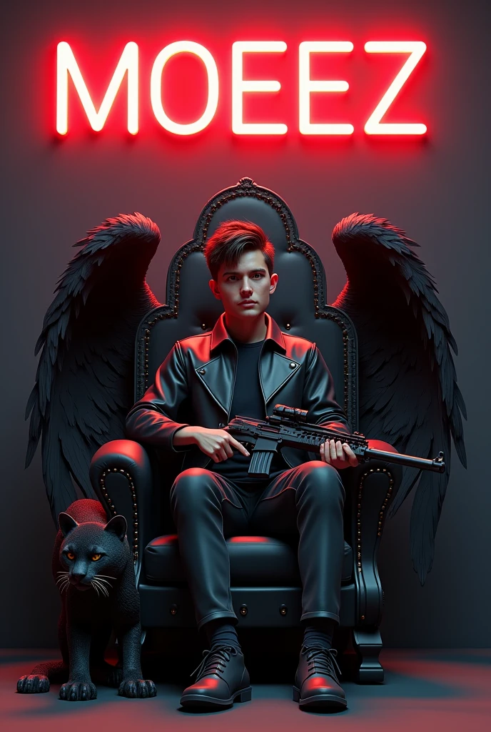 Create a 3D illustration for a profile picture where a 25 year old smart boy in a black jacket sitting casually on a King of Beasts Throne chair. With a rifle on hand. And a ferocious panther by my side. Wearing sneakersm He looks ahead. The Background features “MOEEZ
 ” in big and capital red neon light fonts on the dark grey wall. There should not be his shadow, and there are wings to make it appear as if he is an angel.