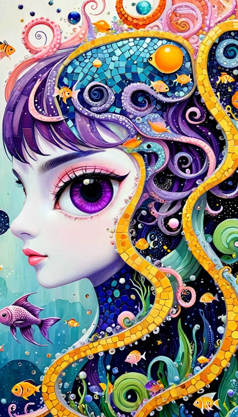 &References;Dick Ellescas Artist Style&References;,章fish热气球,Tentacles瀑布,Starry Sky、粉色美人fish、fish、Tentacles、bird、Eye、Squeeze foam、People with autism、diatom,Spiral Staircase,Abstract mosaic painting,描述People with autism的内心世界,Sense of space,White space,interesting,Innocence,Psychedelic Art,Pink Theme,Bold contrasts,Purple and Orange