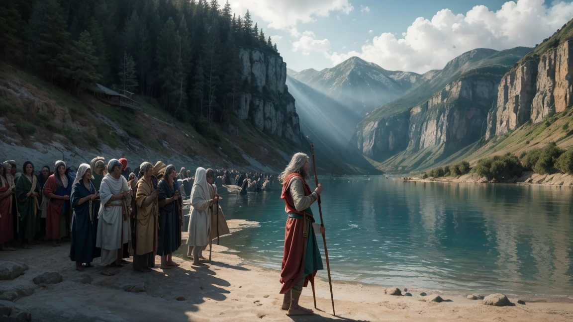 Create a photorealistic scene depicting the biblical account of Moses parting the sea using a staff. Picture Noah standing at the water's edge, holding a staff high above his head, as gigantic waves broke apart on either side of him. Capture the immense scale and power of water as it forms a dramatic corridor, Showing the forced separation from the sea. Use enlightenment to emphasize the divine nature of the moment, with rays of light breaking through the clouds and casting an ethereal glow. Convey the sense of wonder and reverence that this miraculous event evokes, while highlighting Noah's pivotal role in fulfilling a divine purpose.