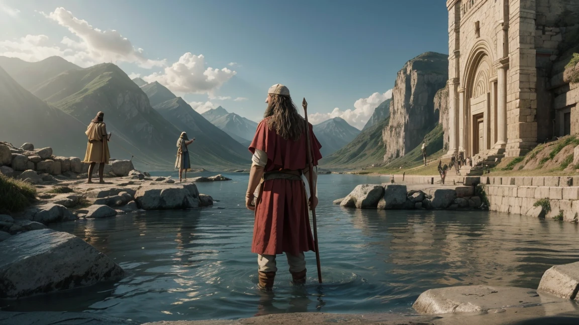Create a photorealistic scene depicting the biblical account of Moses parting the sea using a staff. Picture Noah standing at the water&#39;s edge, holding a staff high above his head, as gigantic waves broke apart on either side of him. Capture the immense scale and power of water as it forms a dramatic corridor, Showing the forced separation from the sea. Use enlightenment to emphasize the divine nature of the moment, with rays of light breaking through the clouds and casting an ethereal glow. Convey the sense of wonder and reverence that this miraculous event evokes, while highlighting Noah&#39;s pivotal role in fulfilling a divine purpose.