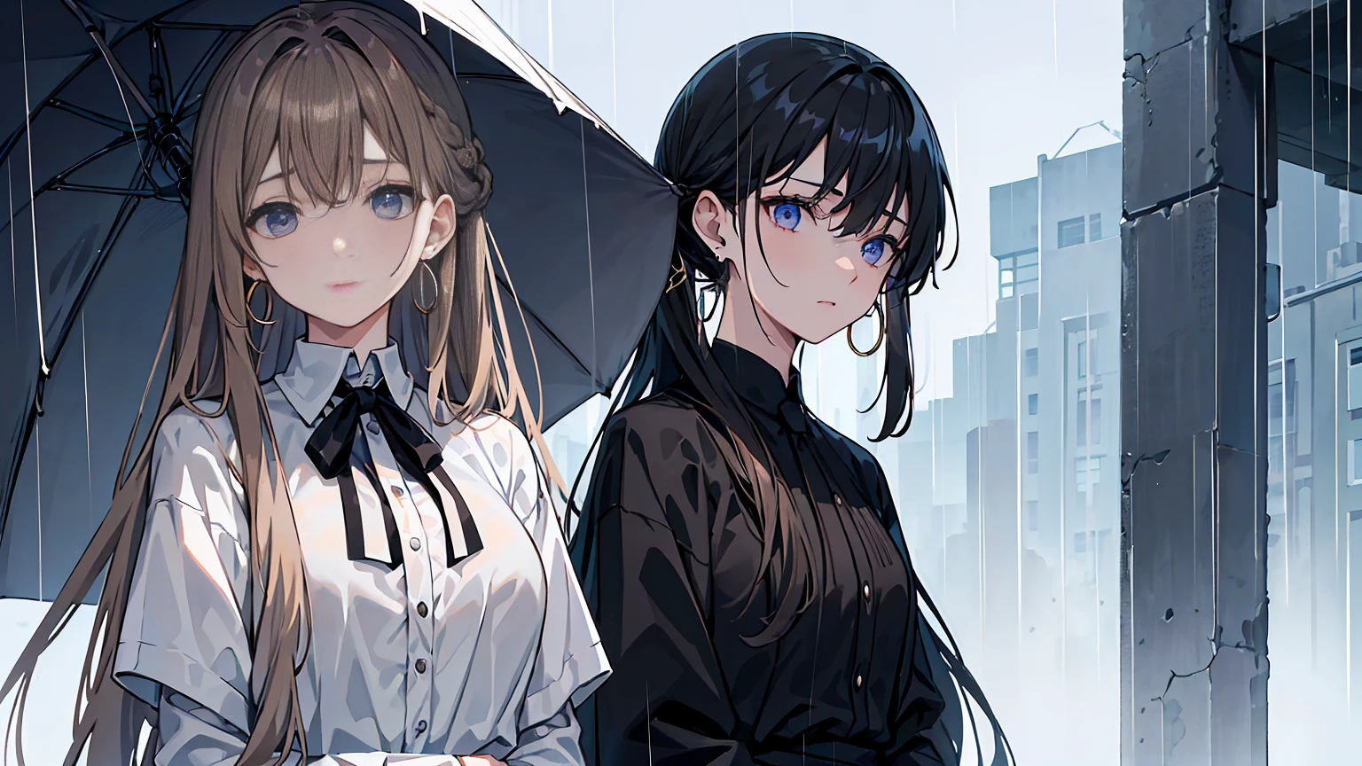 Light brown hair、((Long hair tied back))、Showing from the waist up、Black suit draped over shoulders、Wearing a white shirt underneath、black tie、Blue-violet eyes、((Rainy gray background))、Holding a large open umbrella。Beauty、(((Detailed picture)))、(((Detailed face)))、Looking down with cold eyes。emotionless expression。The hair is parted on the side、Hair tucked behind one ear。Also、She wears large hoop earrings in her ears.。Detailed Hair、Beautiful structural painting