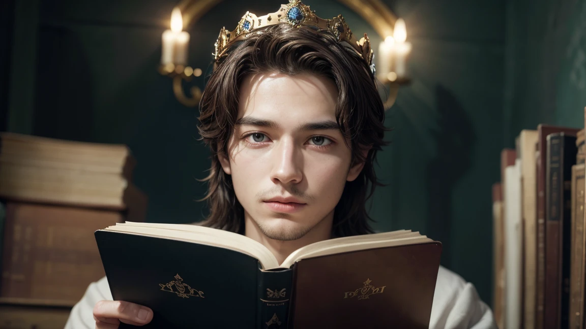 image of a man with a crown and a book, portrait of a heavenly god, JesusChrist, Young God Almighty, divine kingdom of the gods
