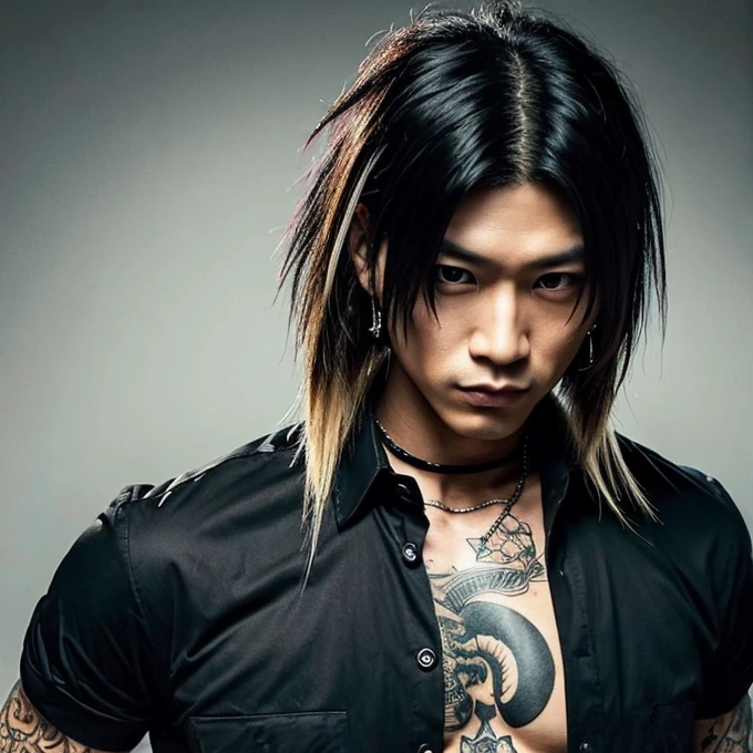1 man, Japanese man, male, Asian eyes, muscular, broad shoulders, yakuza tattoos, hairstyle Visual Kei style, hair Visual Kei, black men's shirt and black pants, ultra detailed face, hyperrealistic, realistic representation, long hair, long hair, 30 years old, age 30 years, blonde hair