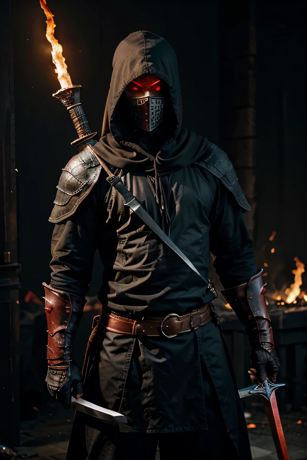 Wearing a black hood、A man with two swords on his back , Fiery red eyes , Fire Energy, dark souls concept, impressive physique, Strong posture, Dark Souls Style, war background