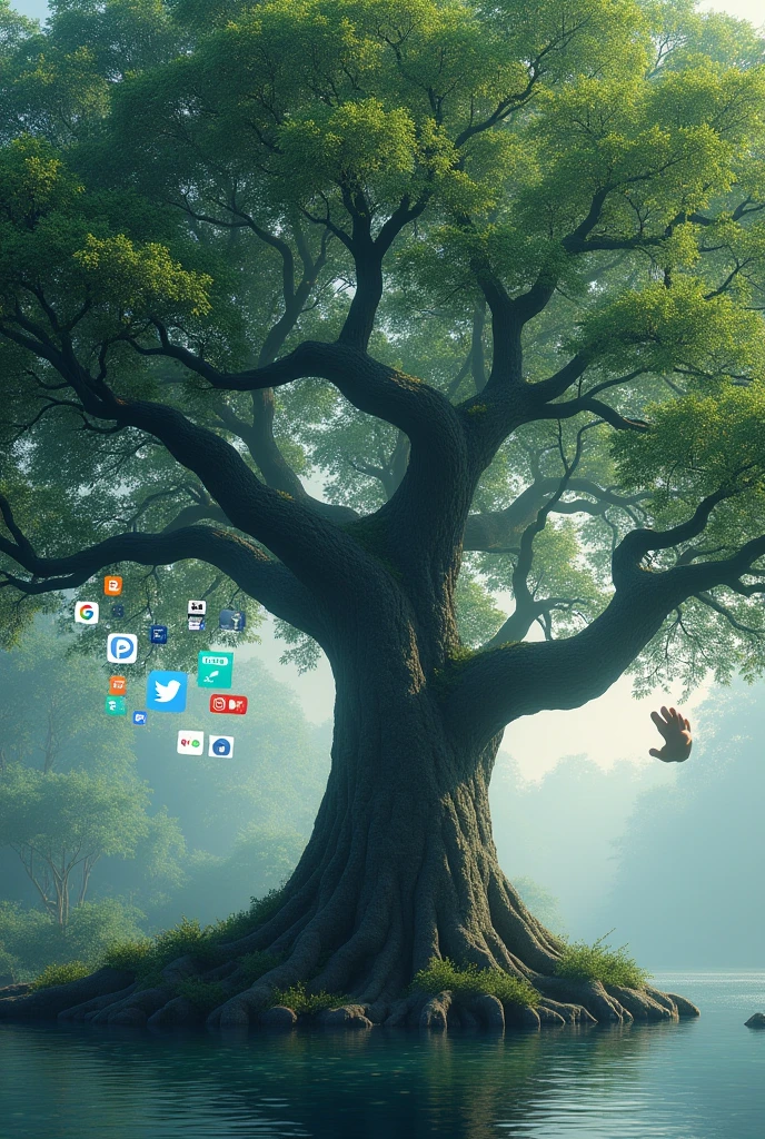 Please provide a banyan tree as wapaper and apps on top of it and a hand hitting away the apps