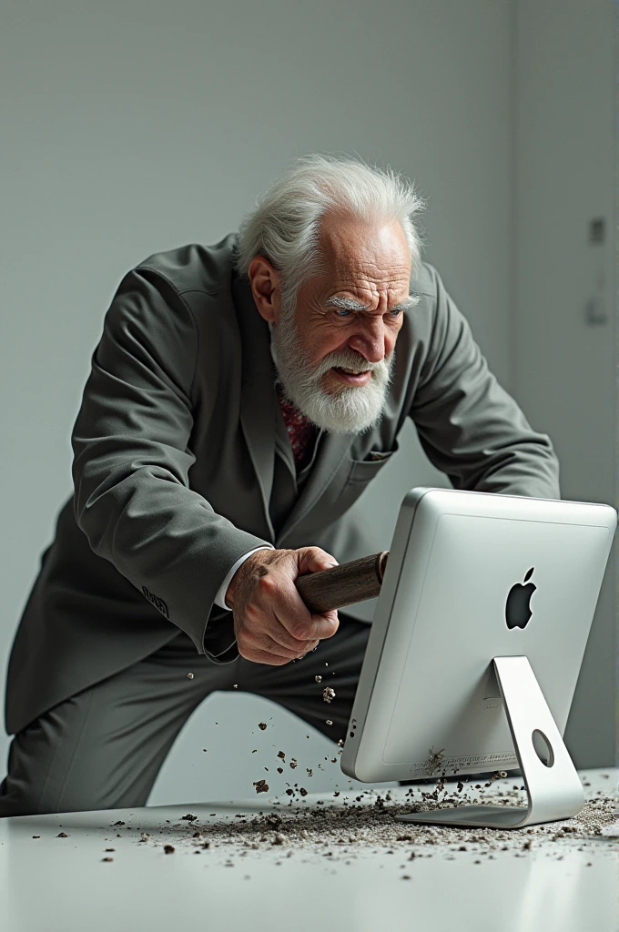 Old man destroying an iMac