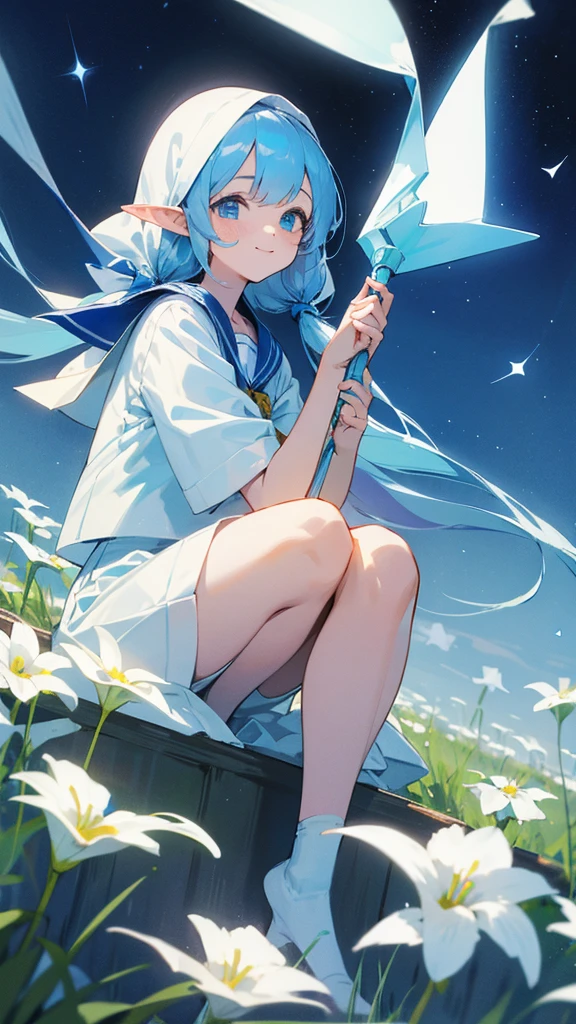 Late teenage girl long, Light blue hair、White Sailor Suit、Deep blue eyes、Hold a bow like an elf、On your right knee、meadow with shining stars、relax、A big smile、cute