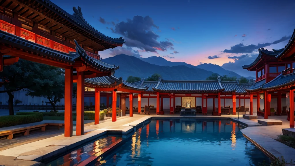 Ancient Chinese architectural complex，Vast square，Square ground light，Central of the square，A circular pool，There are lotus in the pond，Water shines，Many people wearing ancient Chinese costumes，The sky is deep blue，Night Sky，People in ancient Chinese clothing，