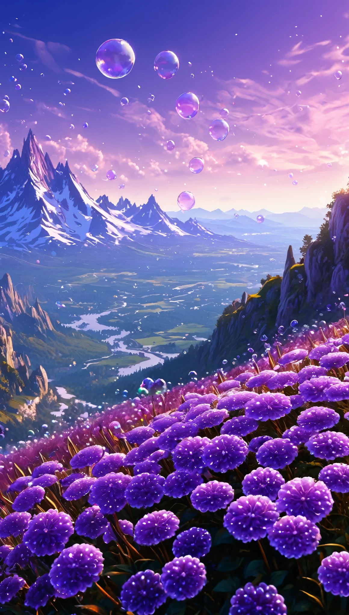 There is a beautiful purple flower and bubble painting, Beautiful Art UHD 4K, Highly Detailed 4K HD Wallpapers, Mythical Flower Hill, Highly detailed digital art in 4K, Beautiful background, Great background, Beautifully detailed fantasy, Beautiful composition 3-d 4k, Very beautiful digital art, Magic Background, Background artwork, Beautiful flowers and crystals, Awesome Wallpapers